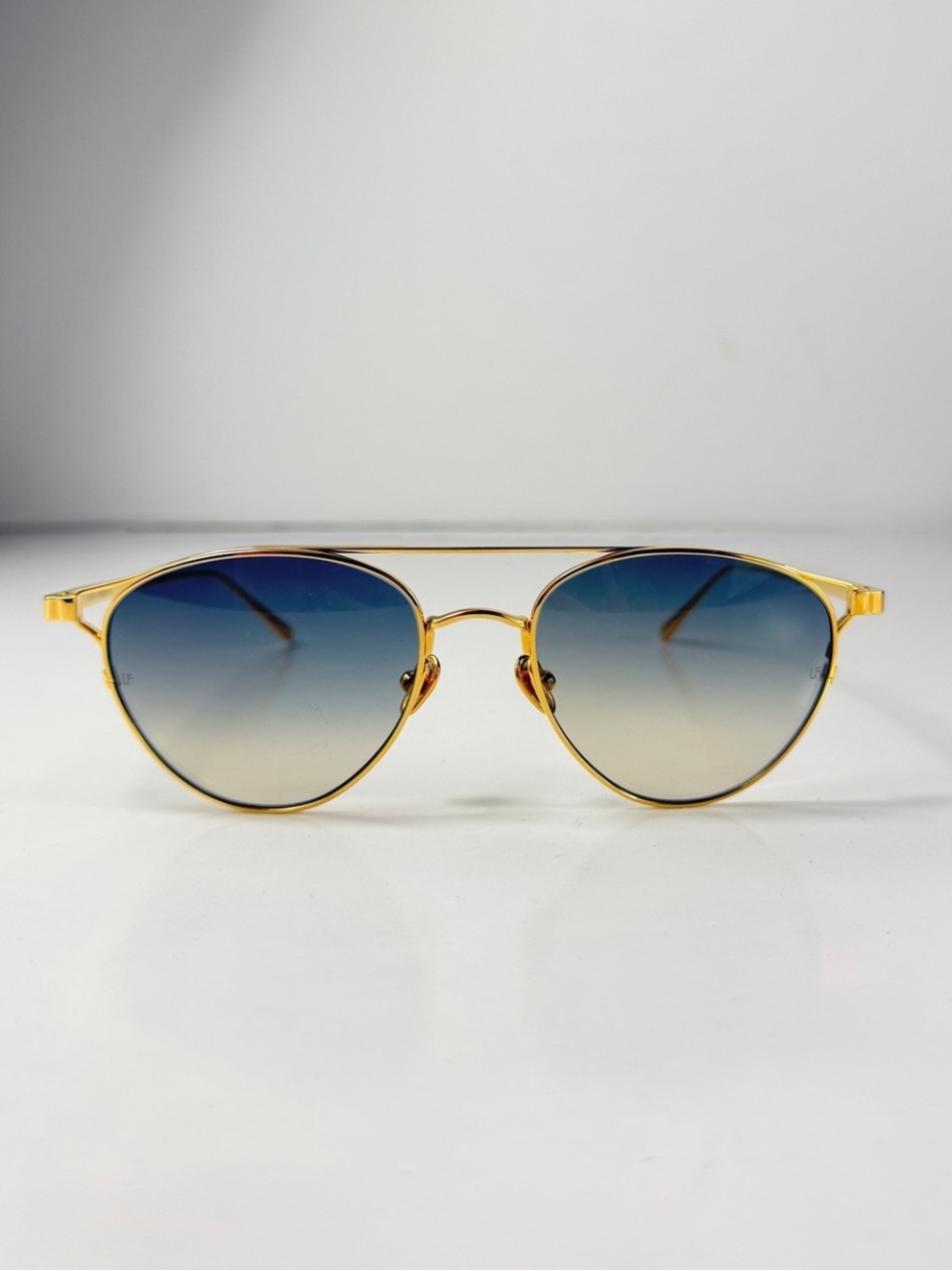Linda Farrow Omar Aviator Sunglasses Gold Blue LFL804 C7 Titanium NWT Full Set